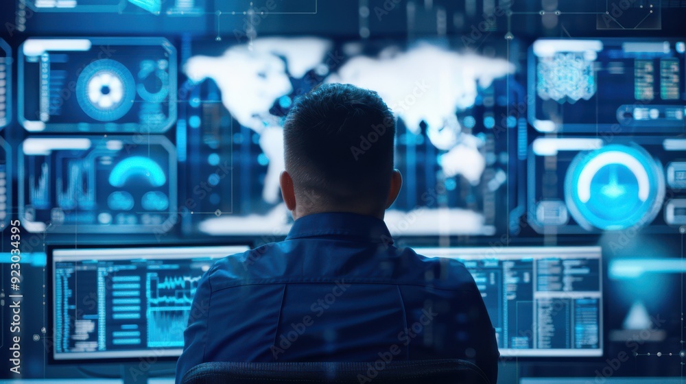 Poster security professional configuring a robust firewall system, firewall, hacking prevention