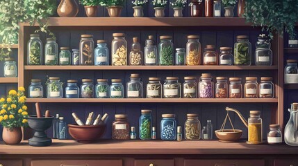 Vintage pharmacy with wooden shelves lined with glass jars filled with herbs.
