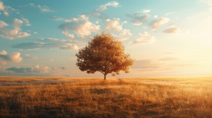 Fototapeta premium A wide, open field with a single tree in the center, emphasizing the concept of freedom through expansive space and solitude. Soft, golden hour light
