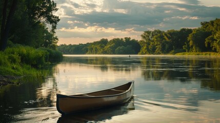 Obraz premium A wide river with a lone canoe drifting peacefully, symbolizing the freedom to explore and navigate life tranquil and adventurous paths.