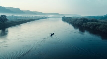 Obraz premium A wide river with a lone canoe drifting peacefully, symbolizing the freedom to explore and navigate life tranquil and adventurous paths.