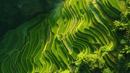Aerial view of lush green rice terraces cascading down a hillside, showcasing traditional farming techniques in harmony with nature.