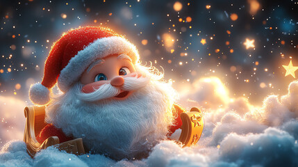 Cheerful Santa Claus surrounded by sparkling stars and fluffy clouds, creating a magical holiday atmosphere.