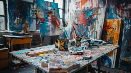Fototapeta premium An artist studio with a cluttered workbench, paint splatters, and unfinished canvases, capturing the dynamic and messy nature of creative work.