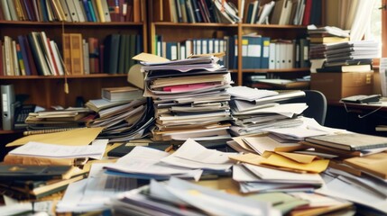 Obraz premium An office desk overwhelmed by an overflow of papers, files, and folders, symbolizing the challenges of managing excessive documents.