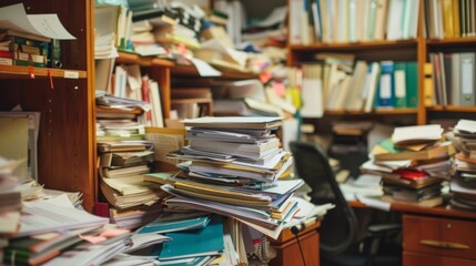 An office environment with an overflow of documents and files spilling off a desk, highlighting the challenges of managing a heavy workload.