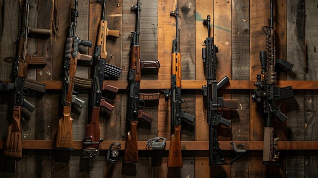 Collection of rifles and carbines various firearms hang on special mounts on the wall weapon background