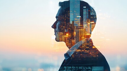 A silhouette of a man with a double exposure effect showcasing a vibrant city skyline during sunset.