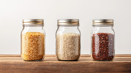 Three glass jars filled with colorful grains on a wooden surface. Perfect for showcasing healthy food choices and storage ideas.