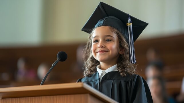 Young Child Delivering a Confident Graduation Speech at Imaginary Podium with Leadership Skills on Display