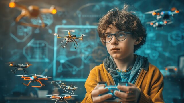 A boy uses a remote control to fly multiple drones in a futuristic tech environment