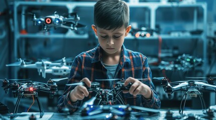 A boy carefully assembles drones while surrounded by various models and tools