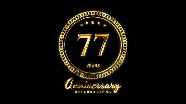77th Anniversary Celebration. Happy 77 Years Anniversary Animation in Gold Color on the Transparent Background, Alpha Channel. Great for greetings, celebrations, events, and gifts.
