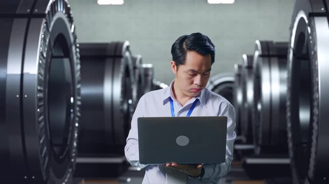 Asian Male Professional Worker Standing With His Laptop In Metal Factory, High-tech Industrial Facility, He Is Nodding His Head With Dissapionted