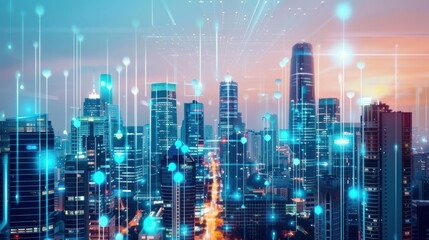 Smart city with interconnected devices powered by 5G, futuristic and efficient.