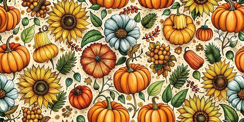 Fototapeta premium Lovely Hand Drawn Thanksgiving Seamless Pattern With Pumpkins and Sunflowers