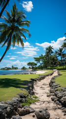 Obraz premium Park with Flat Grass, Cloudy Skies, and Palm Trees