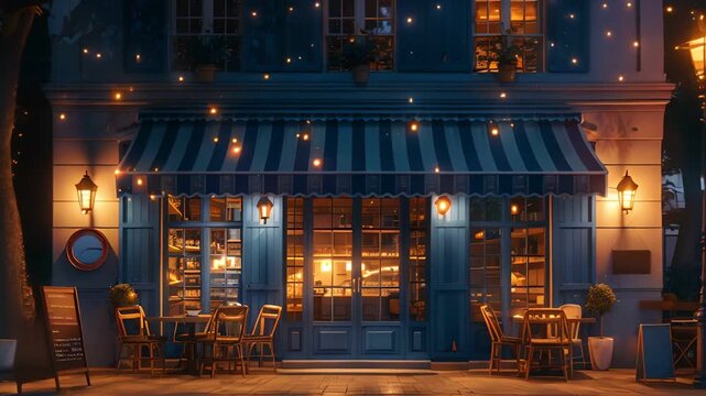A charming Parisian cafe at night, with twinkling lights and a cozy ambiance.