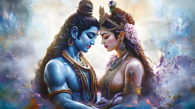 Beautiful digital painting of lord Shiva and Parvati in a heavenly setting perfect for home decor