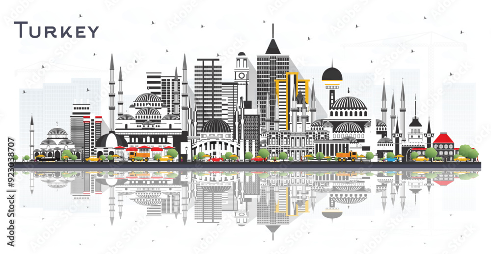 Wall mural Turkey City Skyline with Color Buildings and reflections Isolated on White. Tourism Concept with Historic Architecture. Turkey Cityscape with Landmarks. Izmir. Ankara. Istanbul.