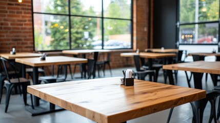 A stylish restaurant interior featuring wooden tables and large windows, creating a warm and inviting atmosphere for dining.