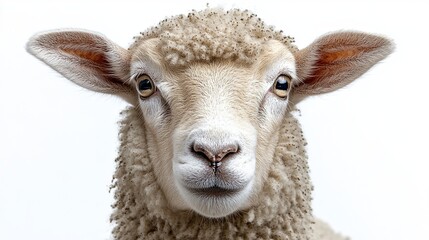 Fototapeta premium A close-up of a curious sheep with fluffy wool and gentle eyes against a plain white background. Generative AI