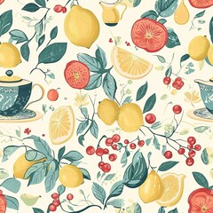 Seamless pattern of fruits at a garden party, with lemons and berries in floral arrangements and tea sets