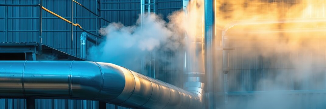 White Steam Rising from Boiler Chimney Flue Pipes in a Heating System