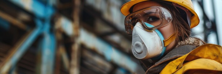 Female worker in protective equipment managing safety in a hazardous mining environment, overseeing waste materials and air quality control.