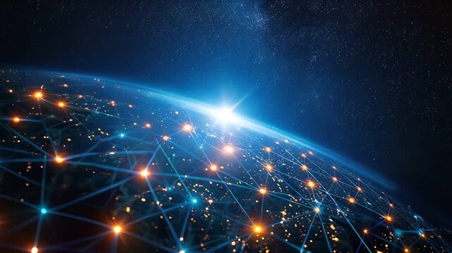 A glowing network of connections wraps around a blue planet