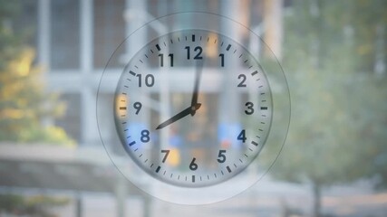 Showing 5:00, clock animation over blurred cityscape background