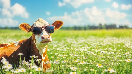 Humorous portrait of a happy cow with sunglasses in a sunny field of daisies, representing joy, summer vibes, whimsy in nature, and a carefree attitude in rural life 