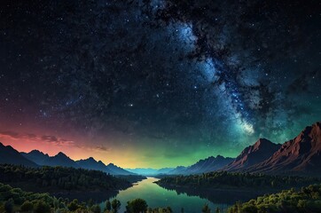 Beautiful night sky.Mountains, rivers, stars and the Milky Way