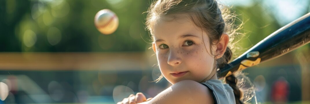 Girl with ponytail practicing baseball swing - Powered by Adobe