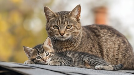 Obraz premium An adult brown striped cat is nurturing a striped kitten, both lying on a roof covered with a grey blanket.