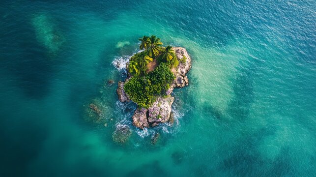 Aerial view of a small island nestled in the middle of the ocean near Sapzurro, Capurgan&aacute;, Colombia.