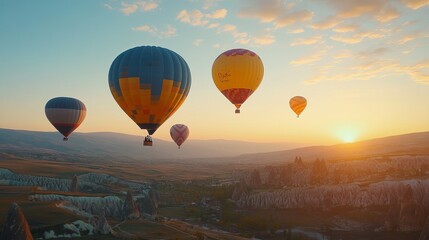Obraz premium Cappadocia, Turkey: Colorful hot air balloons lift off at sunrise, creating a stunning scene in the early morning sky.