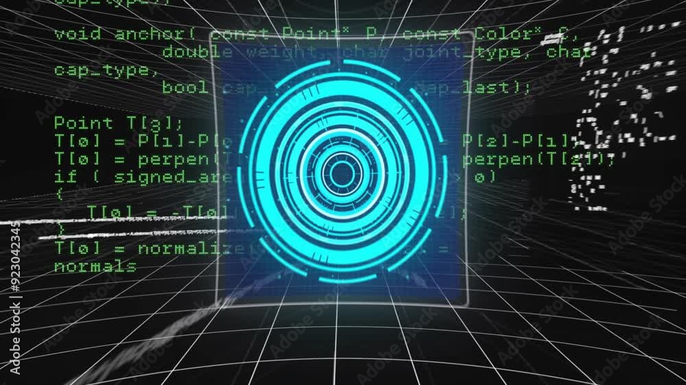 Aufkleber Futuristic target animation over programming code in grid-like virtual environment