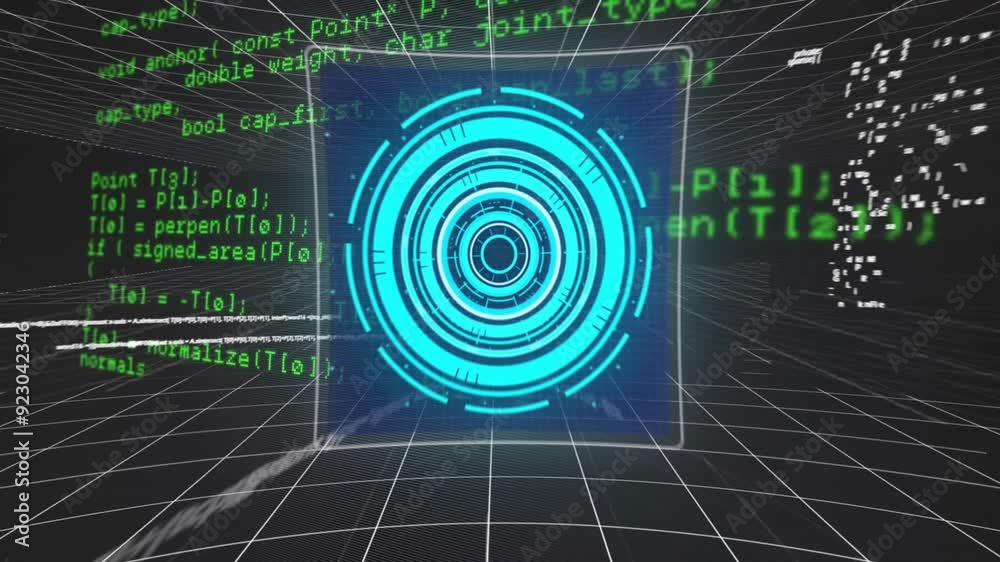 Poster Futuristic target animation over green coding text in grid environment