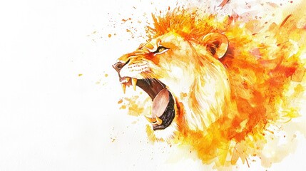 Naklejka premium A lion with its mouth wide open, spewing fire. The lion is depicted in a painting style, with splatters of paint giving it a fiery appearance. Concept of power and intensity