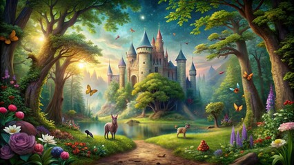 Enchanted forest scene with a beautiful castle in the background surrounded by magical creatures and fairy-tale elements
