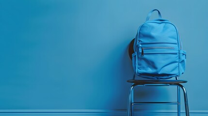 Blue backpack, blue wall, folded chair. Back-to-school.