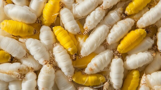 A collection of yellow and white silkworm cocoons.