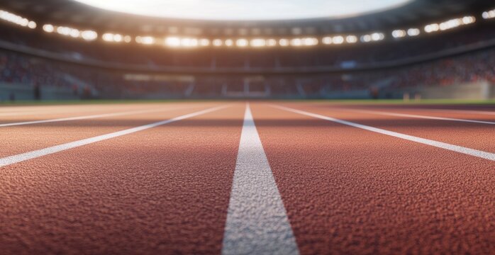 Close up shot of a running track field in a sports event stadium on a vibrant sunny day, stands filled with people cheering with excitement, textured surface, beautiful scenic shot
