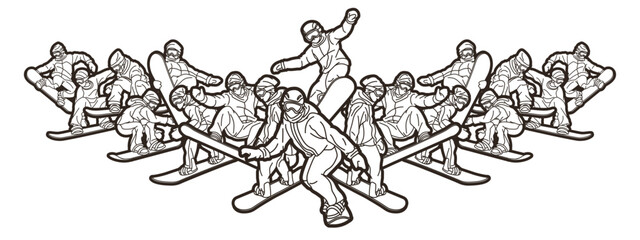 Snowboard Players Mix Action Snowboarder Pose Extreme Sport Cartoon Graphic Vector