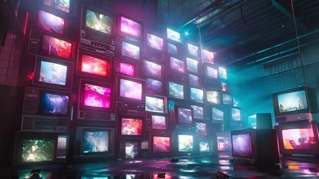 A wall of vintage televisions flicker with static and distorted images, creating a surreal and unsettling scene.