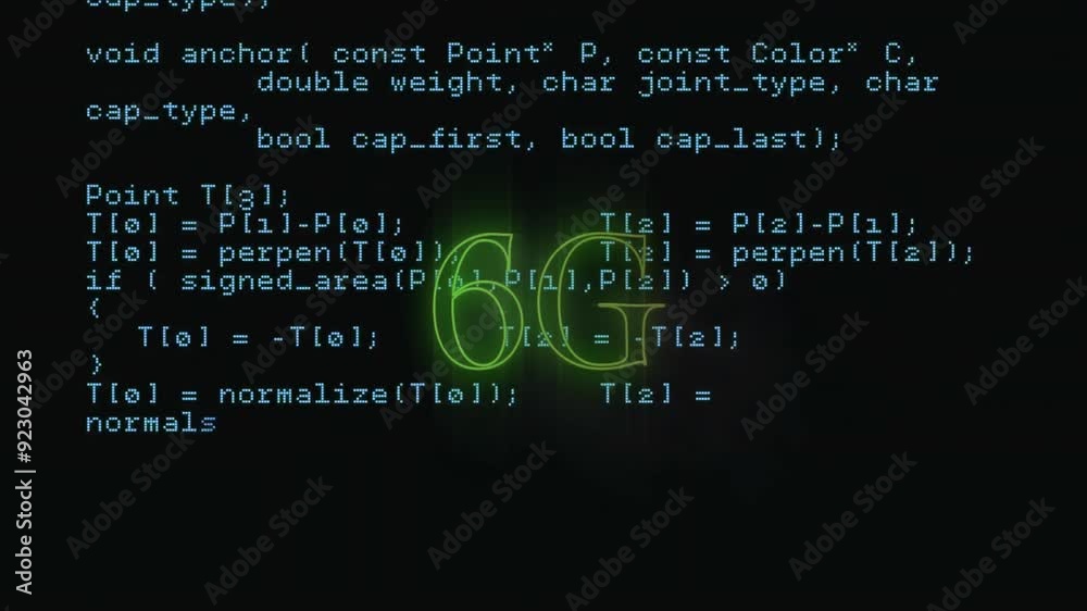 Poster green 6g text animation over programming code on dark background