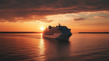 Fototapeta premium Helsinki, Finland: A cruise liner gracefully sails through the calm sea, illuminated by the warm light of sunrise.