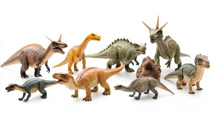 Fototapeta premium A dinosaur model isolated on a white background typically shows a detailed, lifelike representation of prehistoric creatures.