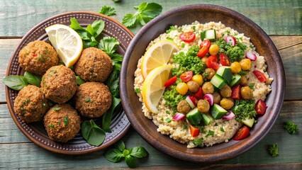 Falafel with hummus and fresh tabouleh salad on a white plate, delicious, Mediterranean, healthy, vegetarian